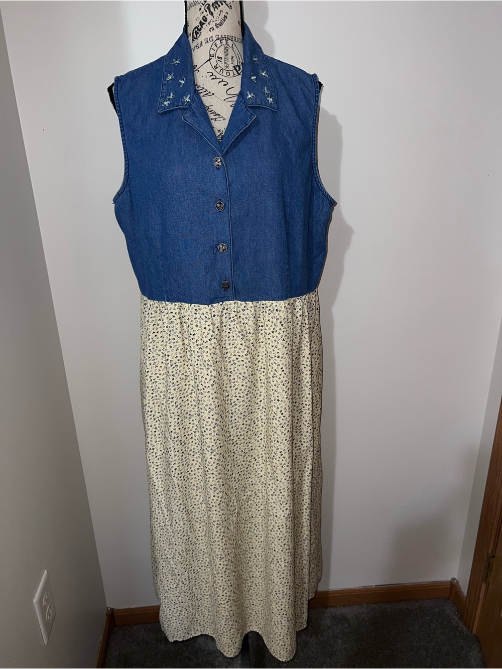 Vintage Blue Denim Top Cream Floral Maxi Dress